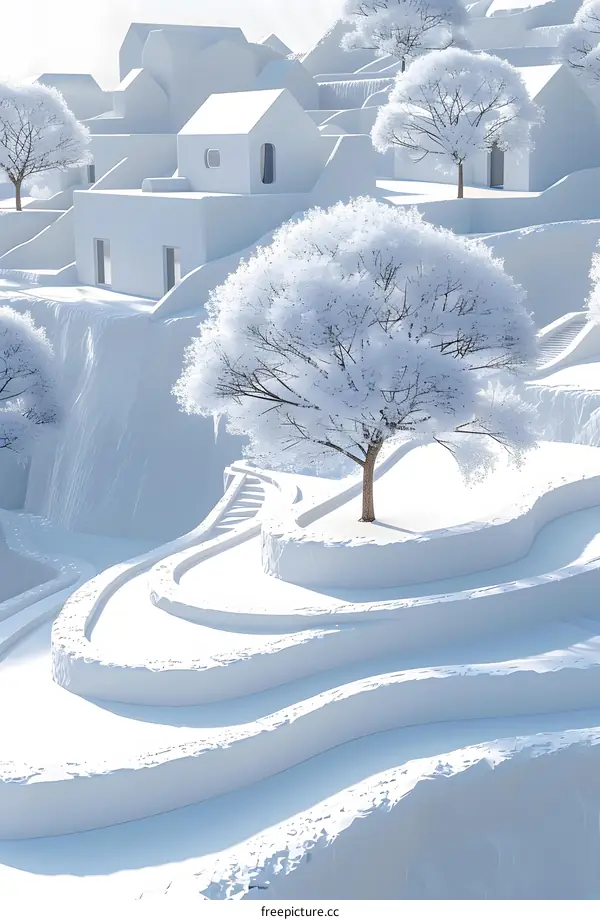 White snowy trees and houses on a cliff