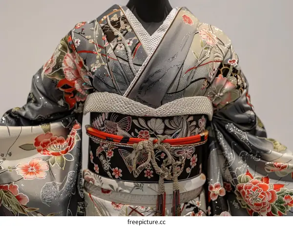 A kimono with a floral pattern and a red and white obi