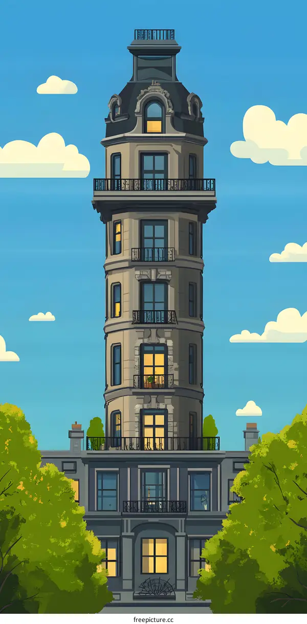 Tall Building with Round Tower and Sky