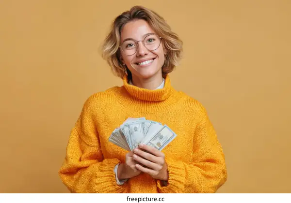 Happy Young Woman Holding Fan of Dollar Bills Against Beige Background