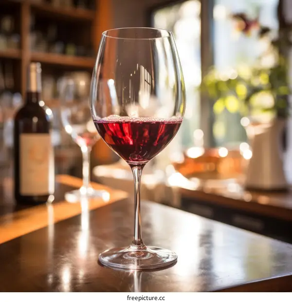 Close-up of a glass of red wine on a wooden table