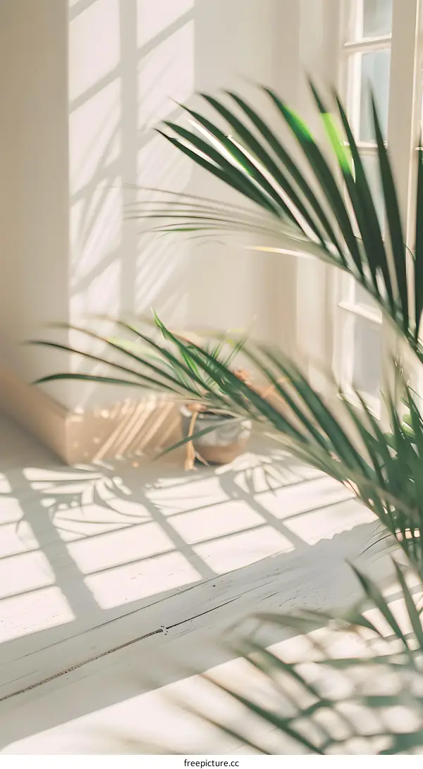 Sunlight Streaming Through Window with Palm Leaves