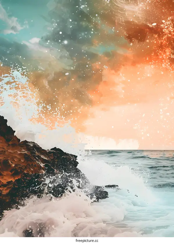 Ocean Waves Crashing on Rocks with Watercolor Sky