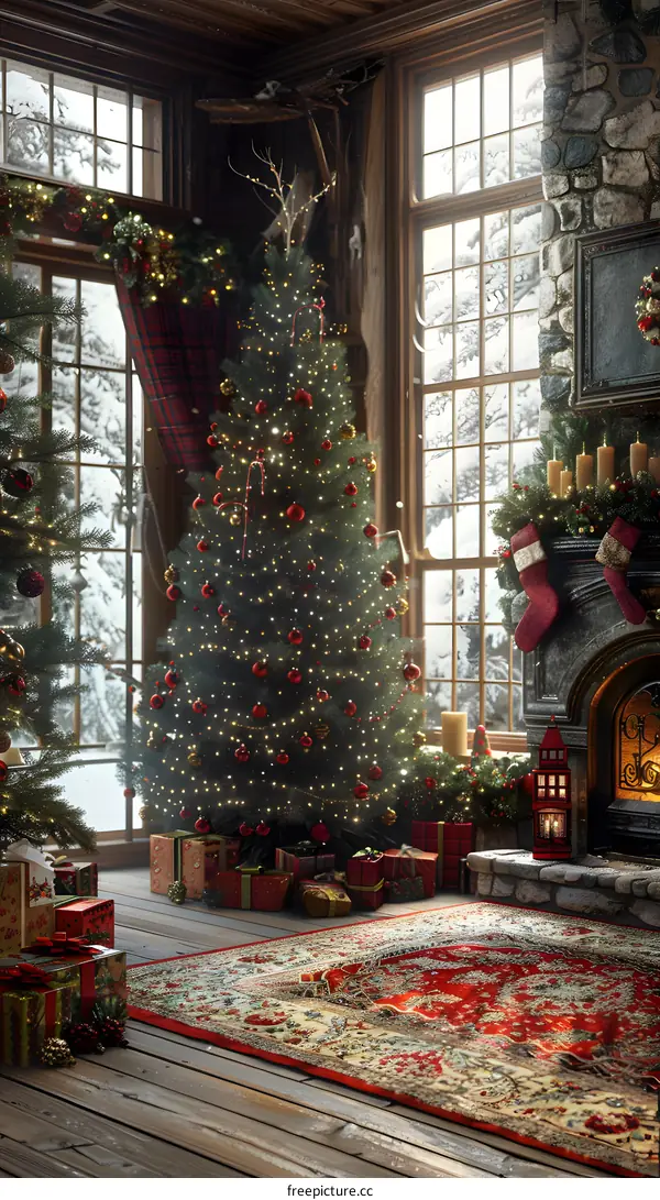 Exquisitely decorated Christmas tree by the fireplace