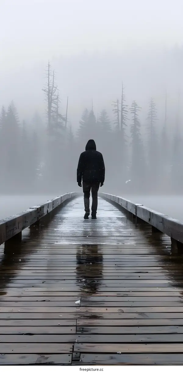 Man Walking on a Wooden Bridge in Foggy Weather