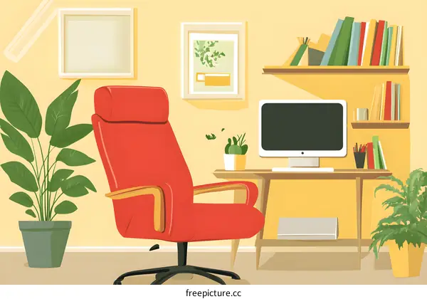 Home Office Interior Design with Red Chair and Desk