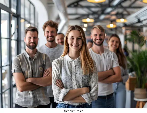 A group of people standing in an office smiling at the camera