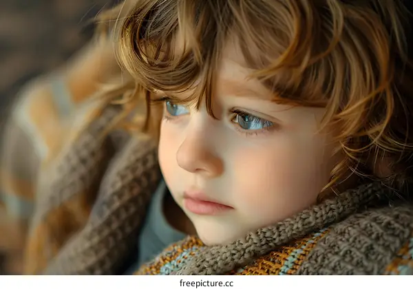 Portrait of a cute kid with curly blond hair and blue eyes