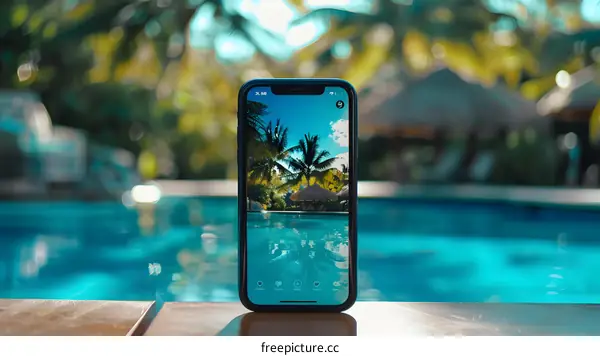 Smartphone with a Photo of a Tropical Pool