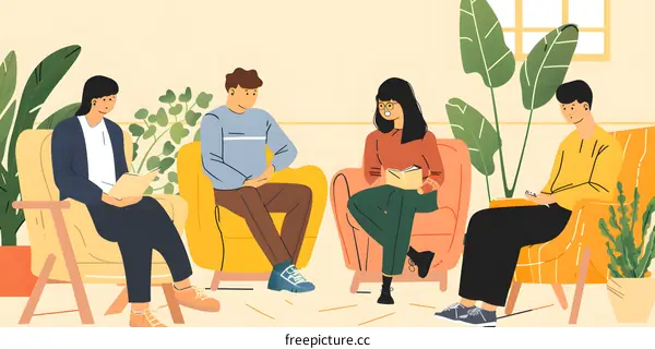 Group of People Reading and Relaxing in Armchairs