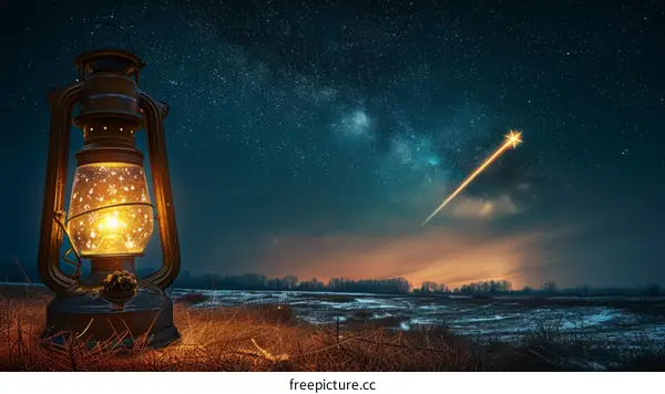 lantern in the snow field at night with a starry sky and a shooting star