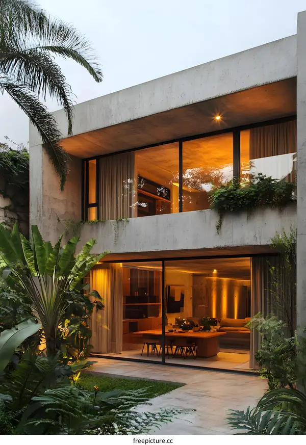 Modern Concrete House with Lush Greenery and Warm Lighting