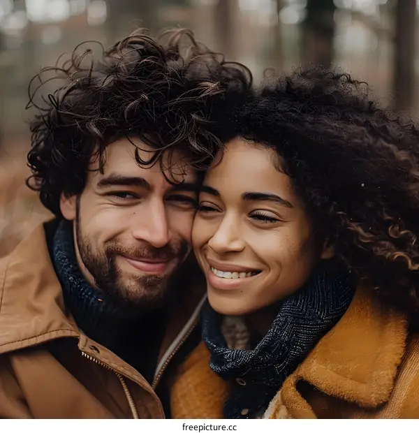 Happy couple smiling in the woods
