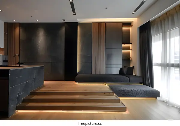 Modern Minimalist Living Room Interior Design With Wood And Stone Features