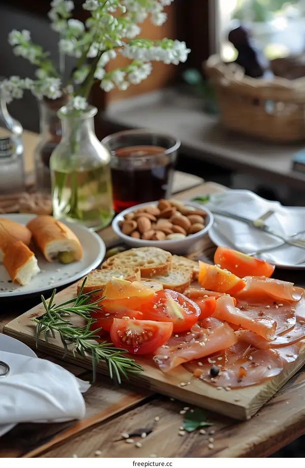 sliced tomatoes and bread on a wooden board