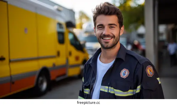 portrait of a smiling young male paramedic in front of an ambulance