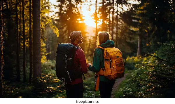 Couple Hiking in Forest at Sunset