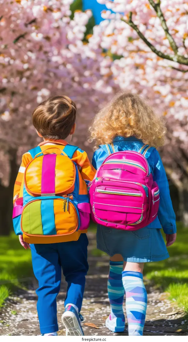 Two children holding hands and walking away from the camera in a park with cherry blossoms
