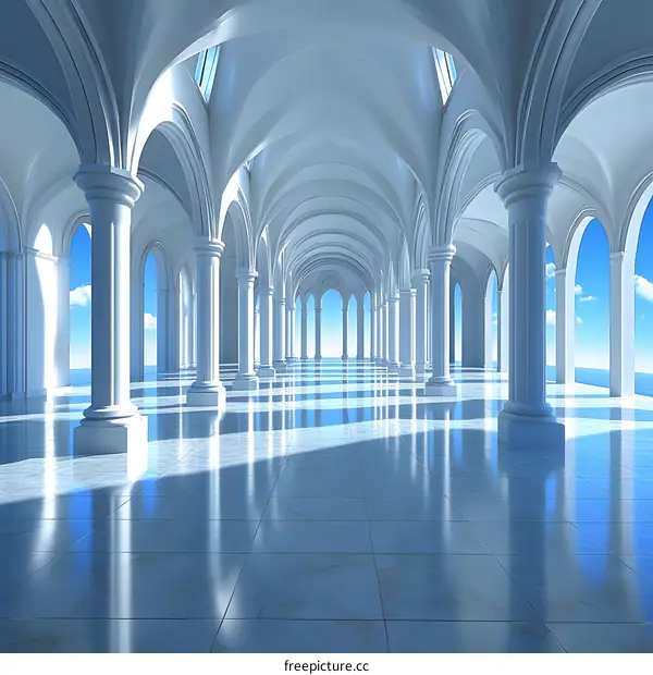 White Marble Columns and Archways Leading to a Blue Sky