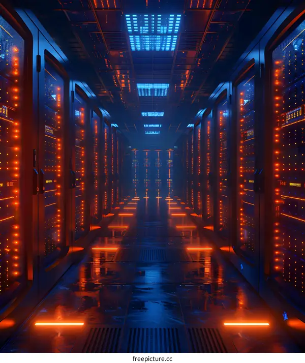 Futuristic server room with bright orange and blue lights illuminating the dark space