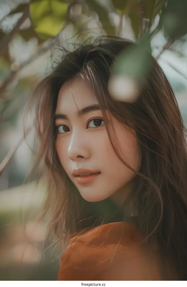 Close Up Portrait of a Young Asian Woman with Long Hair Looking at the Camera
