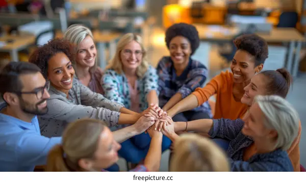 Diverse group of people joining hands in a circle
