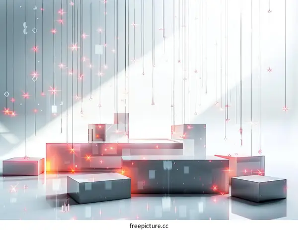 3D rendering of a futuristic stage with glowing red lights and geometric shapes