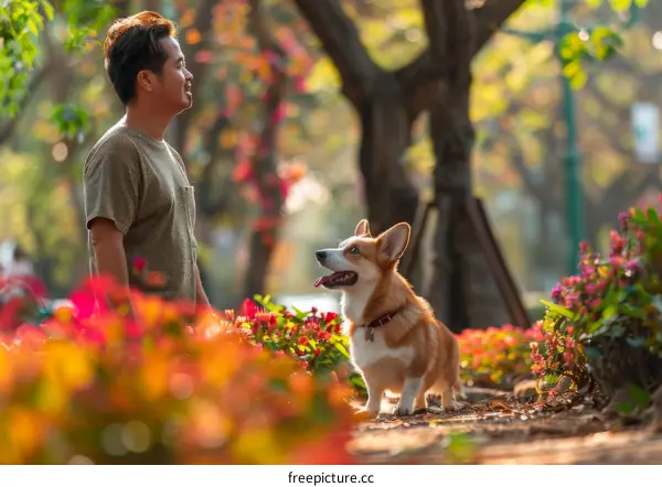 Asian man with a happy looking corgi dog in a park with many flowers