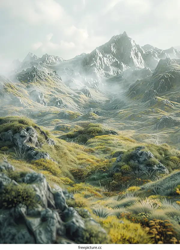 Fantasy Mountain Landscape with Rocks and Lush Grassy Field