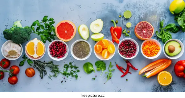 Colorful Fruits and Vegetables Arranged on a Blue Table