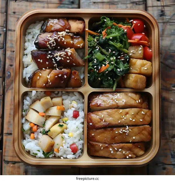 Japanese Bento Box with Grilled Fish and Vegetables