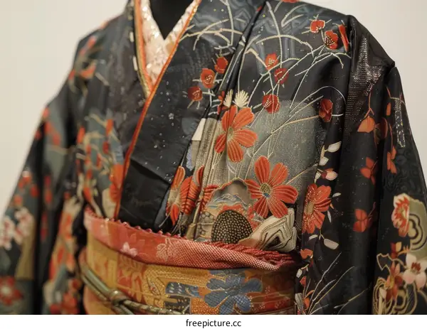 Black kimono with red and gold floral embroidery
