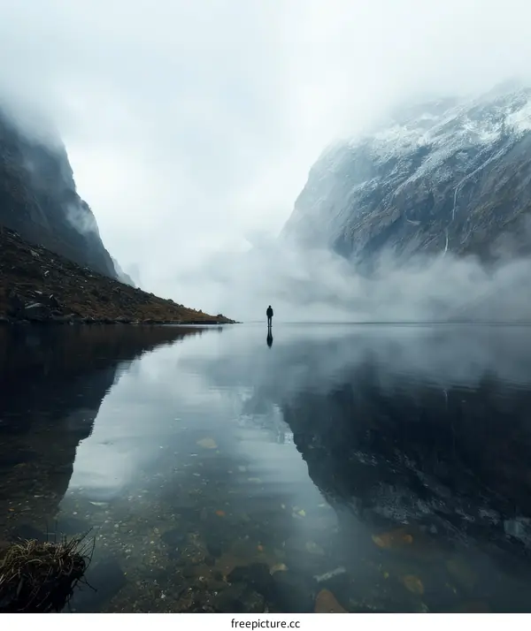 Man standing alone in the middle of a lake surrounded by mountains