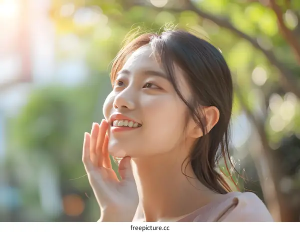 Happy Young Asian Woman Smiling Outdoors