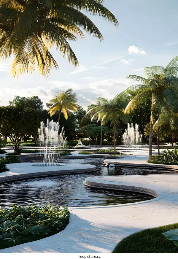Tropical Garden With Winding Path and Fountains