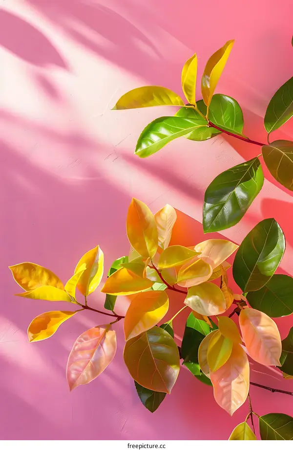 Green Leaves on Pink Wall With Sunlight