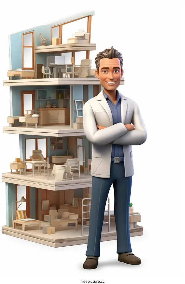 3D rendering of a real estate agent standing in front of a 3D house