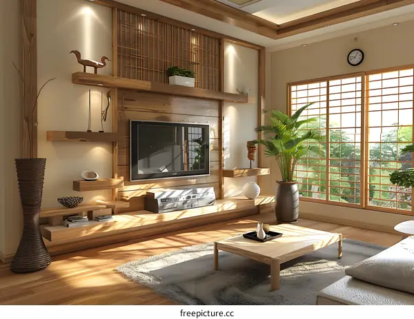 A living room with a wooden TV wall and a large window.