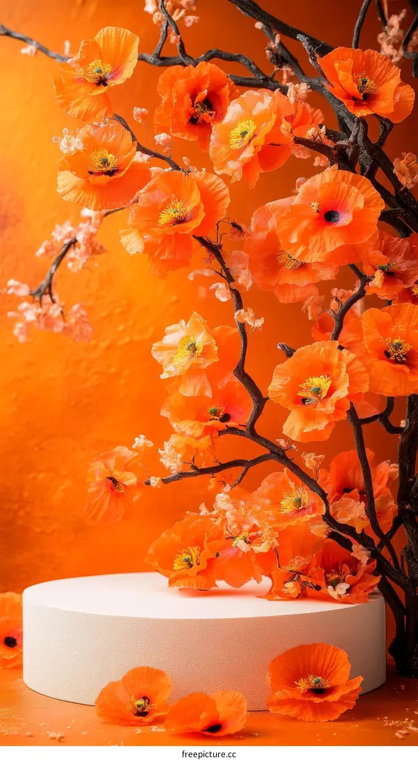 Orange Poppies on a White Cylindrical Display Platform