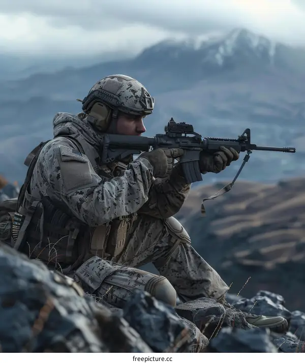 Soldier aiming rifle at target