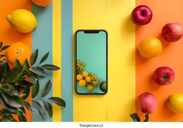 Flat Lay of Fruits and Smartphone on Colorful Background