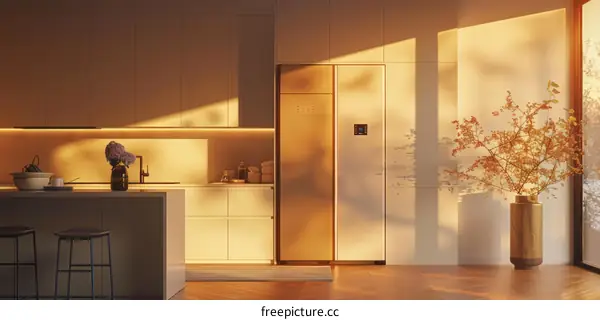 An illustration of a modern kitchen with a large fridge and a vase of flowers
