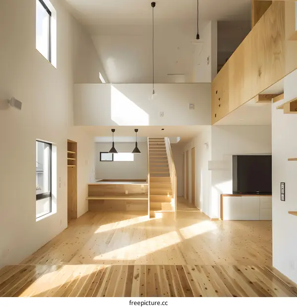 Modern Open Concept Home Interior Design With Wooden Flooring And A Staircase