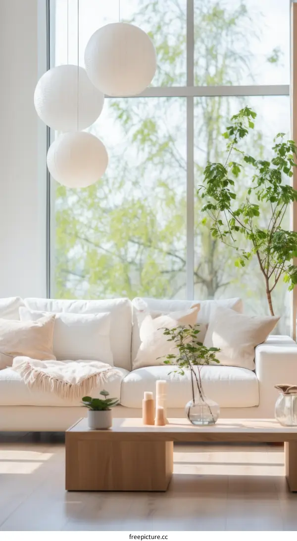 Modern living room with large windows and a comfortable white sofa