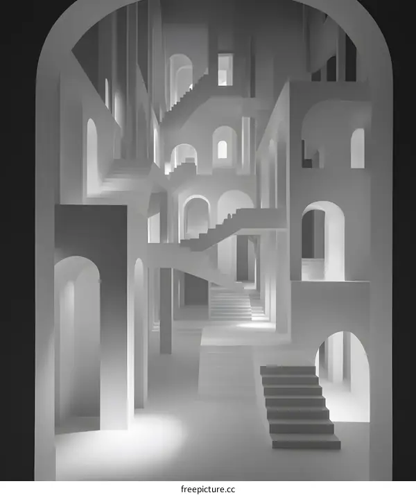 Abstract White Architecture with Arched Passages and Stairs