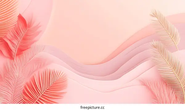 Abstract Pink and White Paper Background with Palm Leaves and Feathers