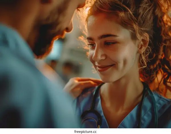 Two healthcare professionals in blue scrubs are smiling at each other.