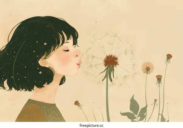 girl blowing dandelion illustration