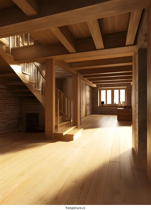 Wooden Staircase and Brick Wall in a Modern Interior Design