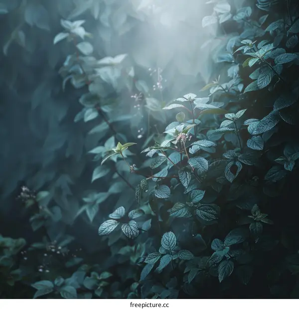 Close-up of green leaves with water drops in the morning sunlight